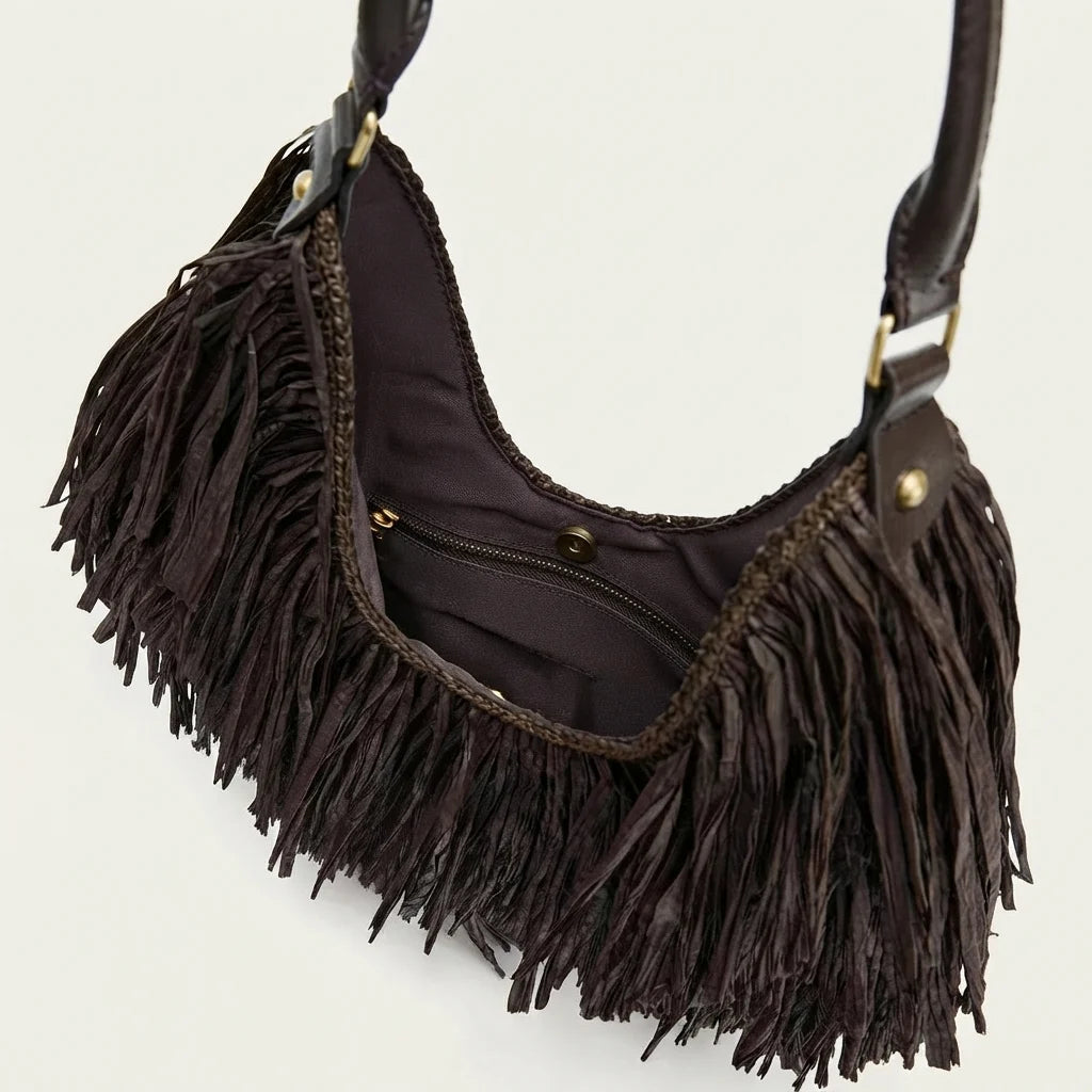Interior lining and pockets of Coffee hippie fringe bag