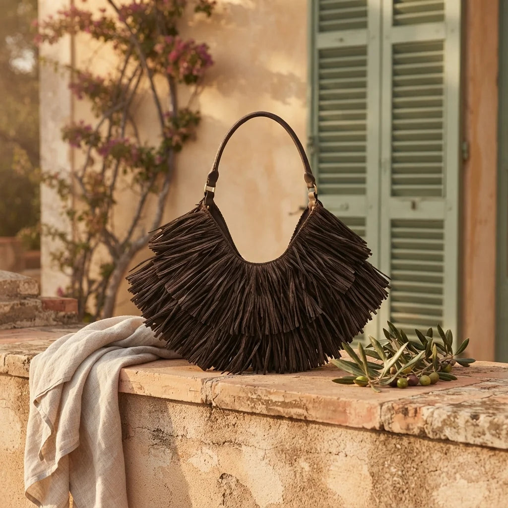 Coffee hippie fringe bag styled in a warm Mediterranean setting