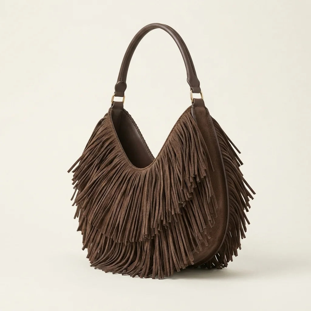 Coffee hippie fringe bag, three-quarter angle showing side depth