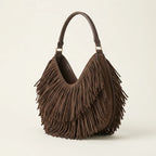 Coffee hippie fringe bag, three-quarter angle showing side depth