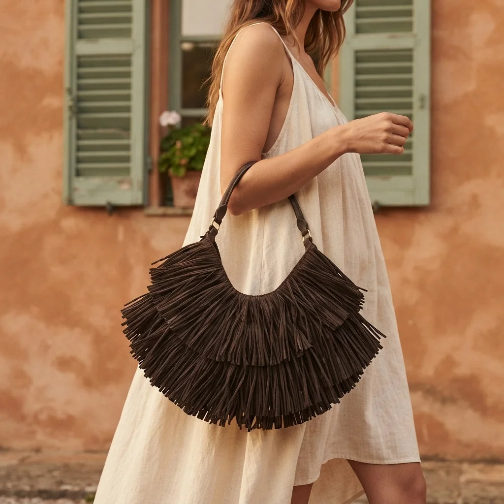 Woman wearing Coffee hippie fringe bag with swaying fringe
