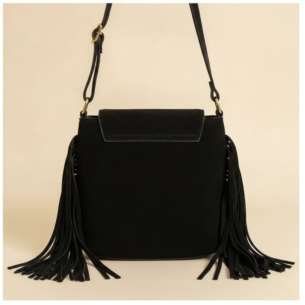 Back panel of Black hippie fringe crossbody bag with strap attachments