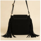 Back panel of Black hippie fringe crossbody bag with strap attachments