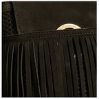 Close-up of fringe stitching and texture on Black hippie fringe crossbody bag