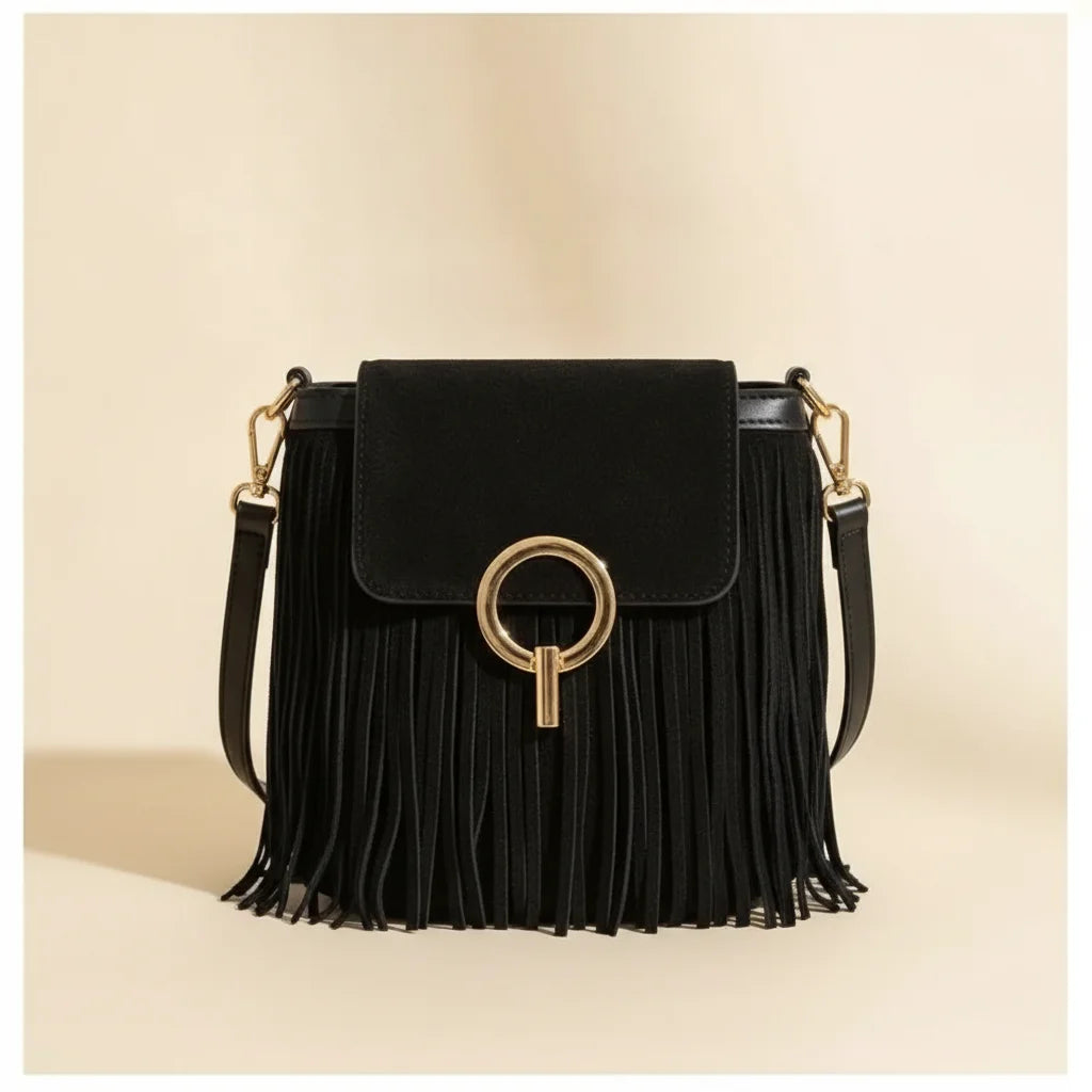 Black hippie fringe crossbody bag, front view