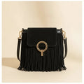 Black hippie fringe crossbody bag, front view