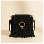 Black hippie fringe crossbody bag, front view