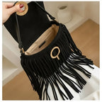 Interior lining and pockets of Black hippie fringe crossbody bag