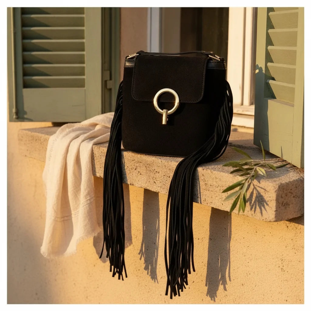 Black hippie fringe crossbody bag styled in a warm Mediterranean setting
