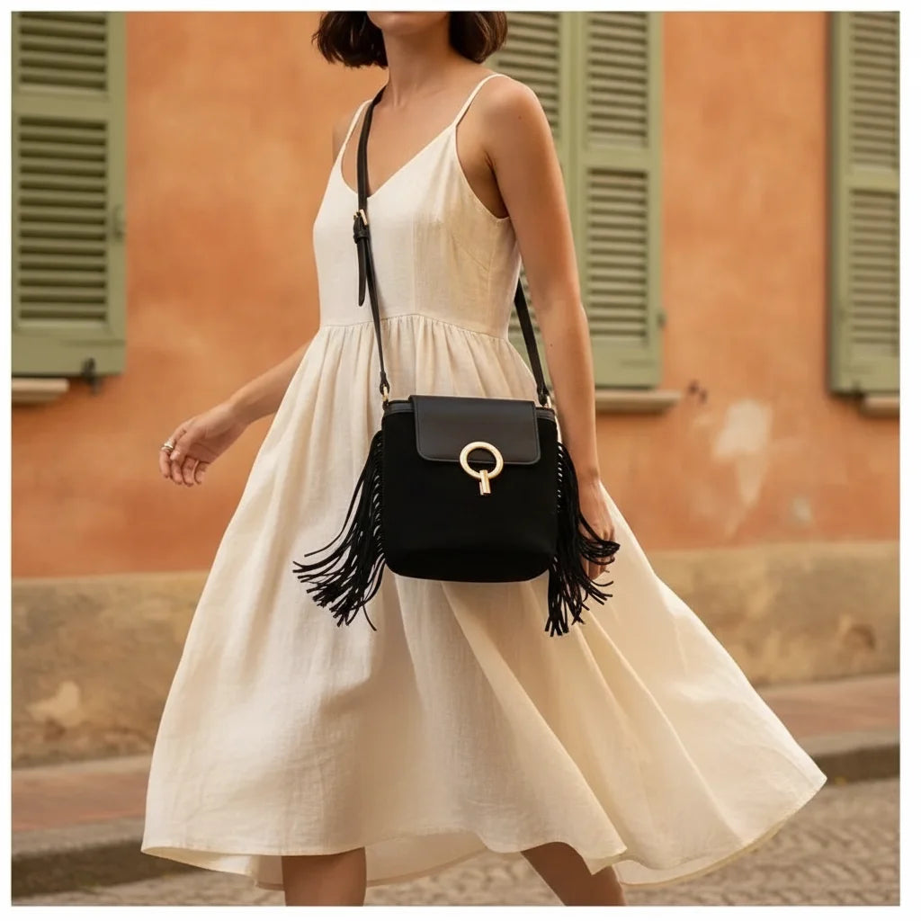 Woman wearing Black hippie fringe crossbody bag with swaying fringe
