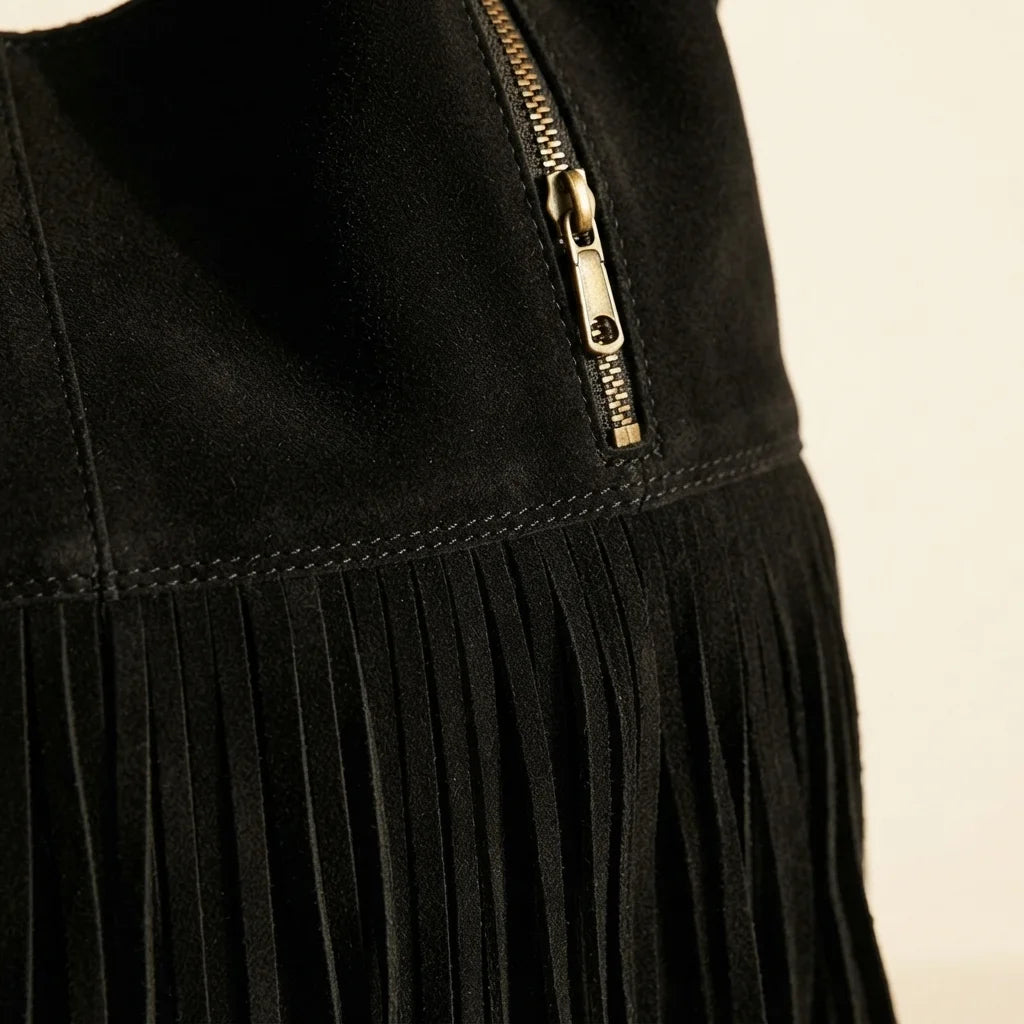 Close-up of fringe stitching and texture on Black large black fringe bag