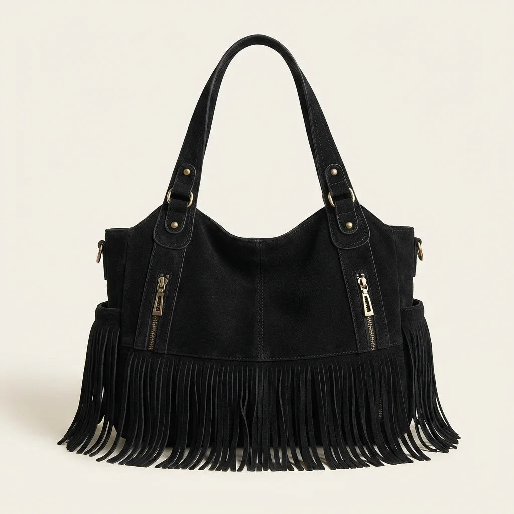 Black large black fringe bag, front view