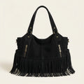 Black large black fringe bag, front view