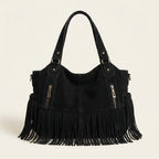 Black large black fringe bag, front view