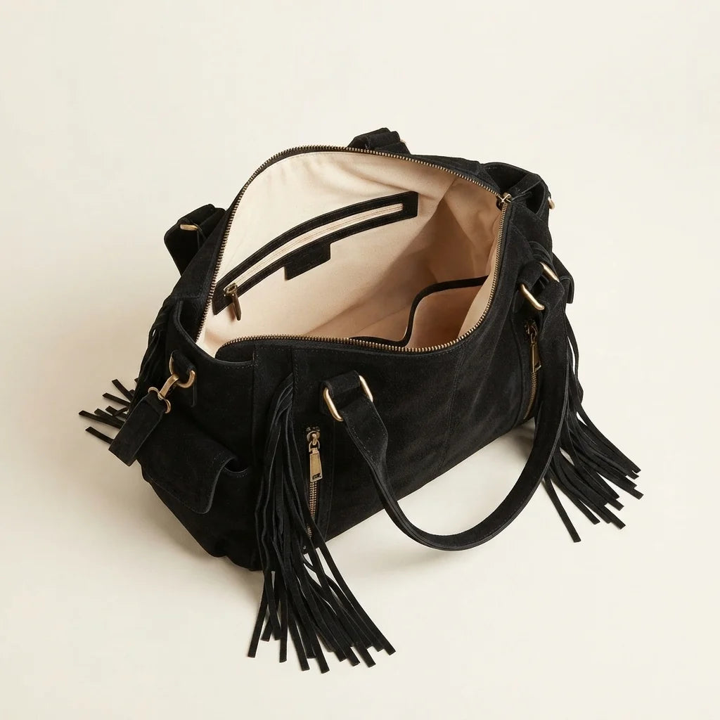 Interior lining and pockets of Black large black fringe bag