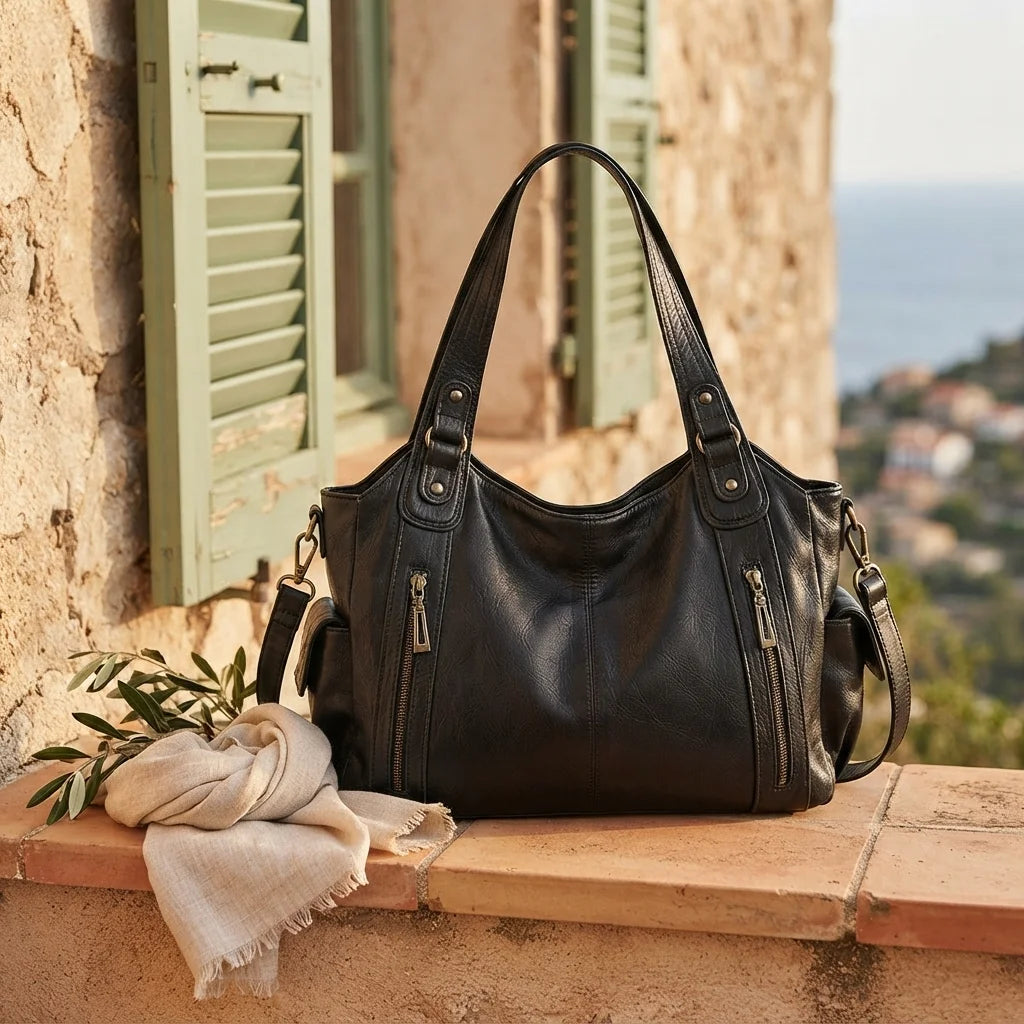 Black large black fringe bag styled in a warm Mediterranean setting