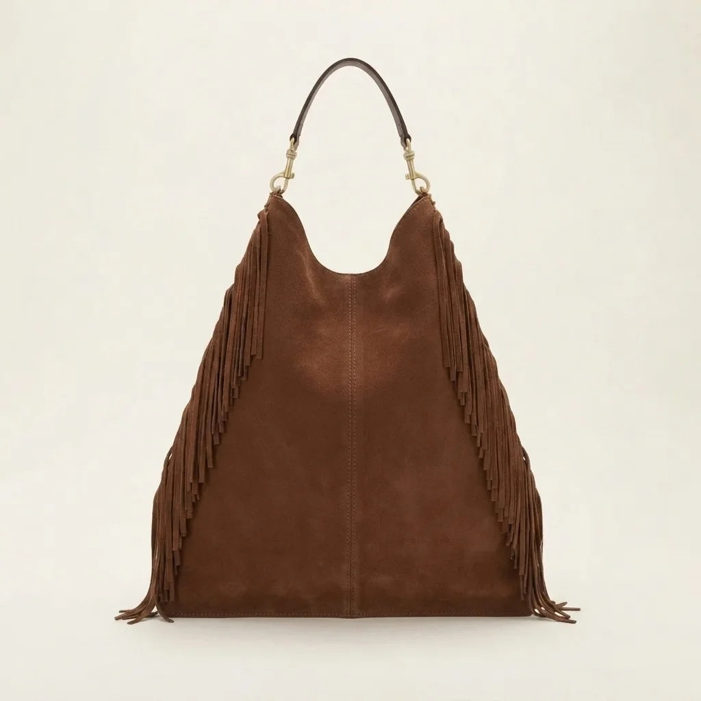 Back panel of Brown large brown fringe bag with strap attachments