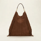 Back panel of Brown large brown fringe bag with strap attachments