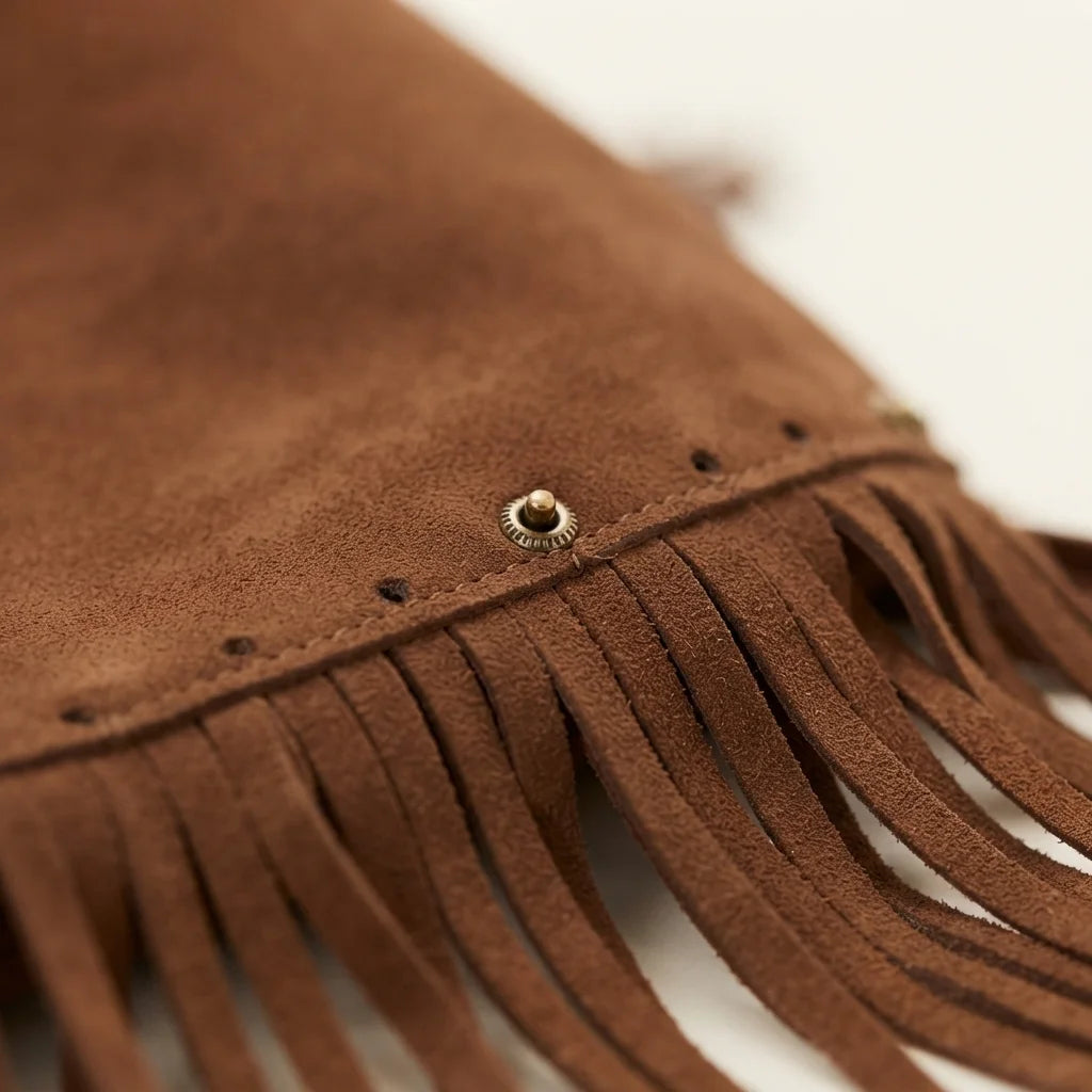 Close-up of fringe stitching and texture on Brown large brown fringe bag