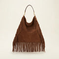 Brown large brown fringe bag, front view