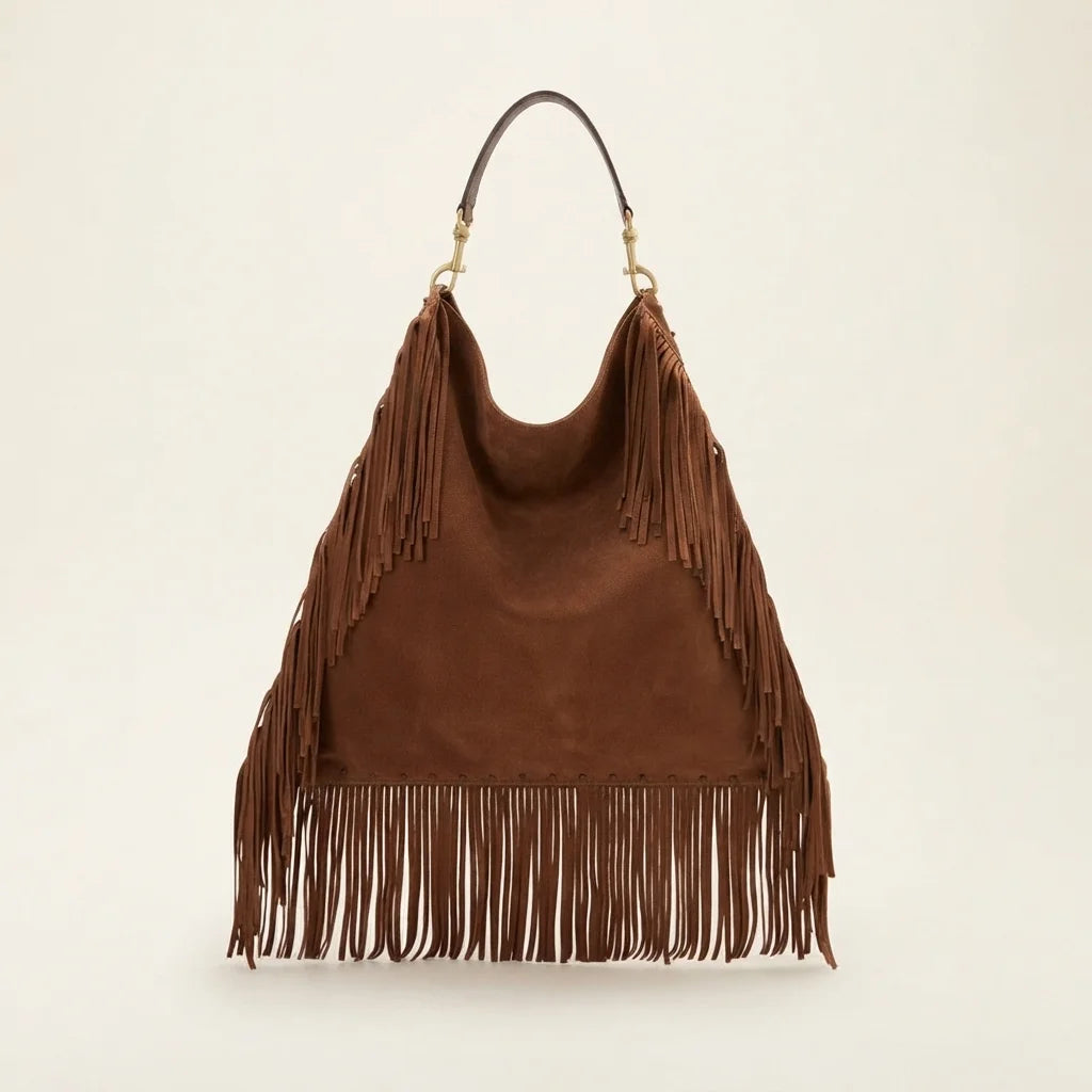 Brown large brown fringe bag, front view
