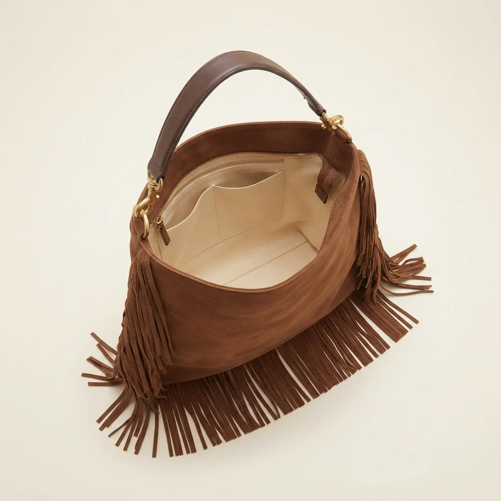 Interior lining and pockets of Brown large brown fringe bag
