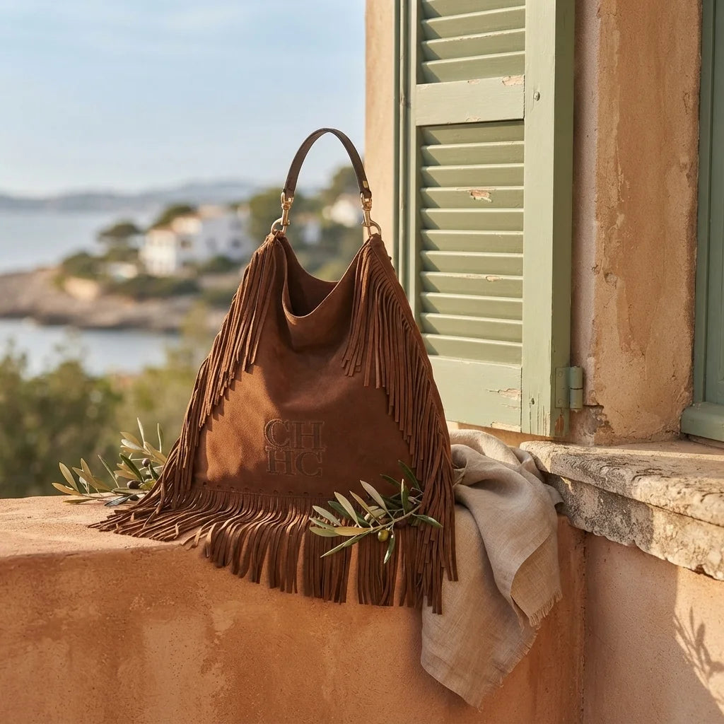 Brown large brown fringe bag styled in a warm Mediterranean setting