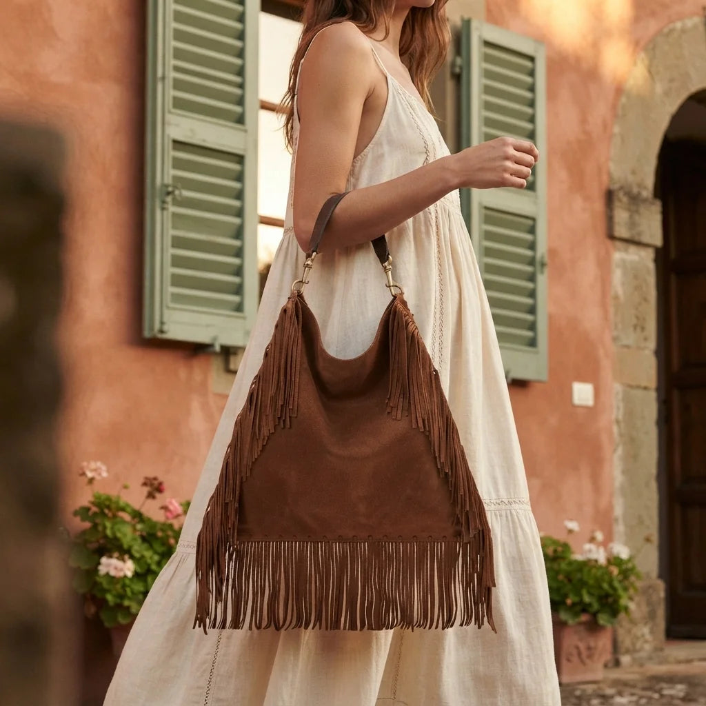 Woman wearing Brown large brown fringe bag with swaying fringe