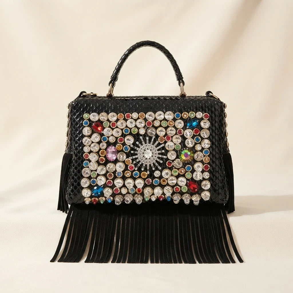 Black large fringe clutch bag, front view