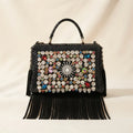 Black large fringe clutch bag, front view