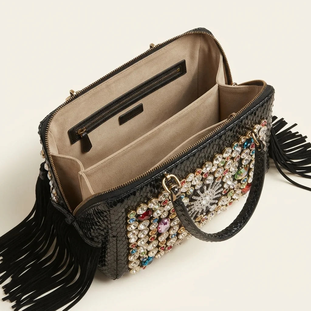Interior lining and pockets of Black large fringe clutch bag