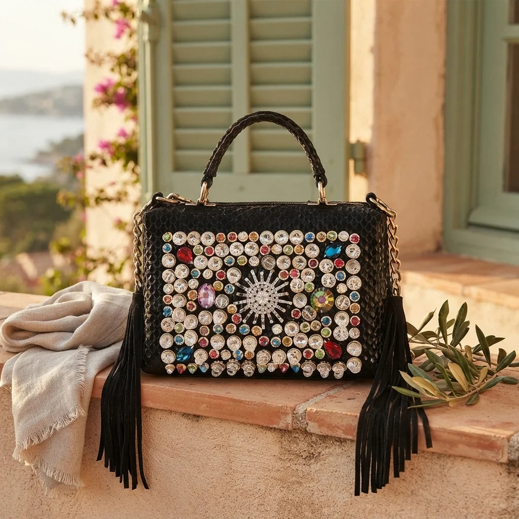 Black large fringe clutch bag styled in a warm Mediterranean setting