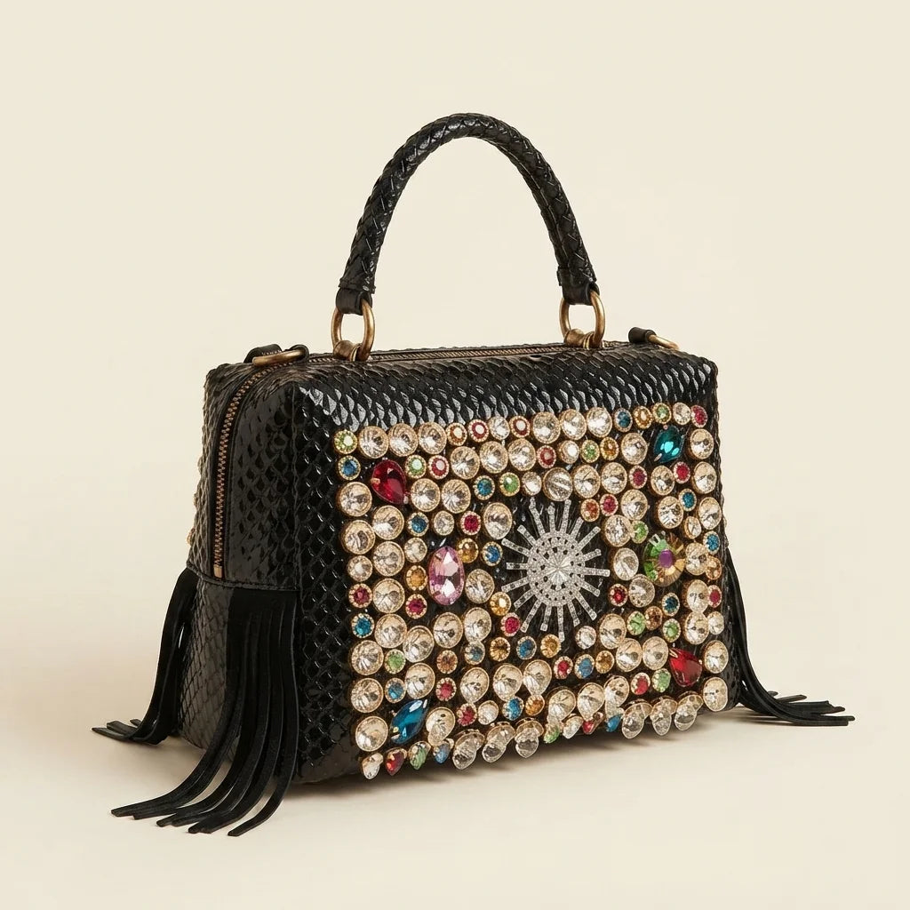 Black large fringe clutch bag, three-quarter angle showing side depth