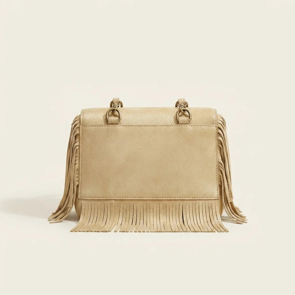 Back panel of Gold large fringe clutch bag with strap attachments