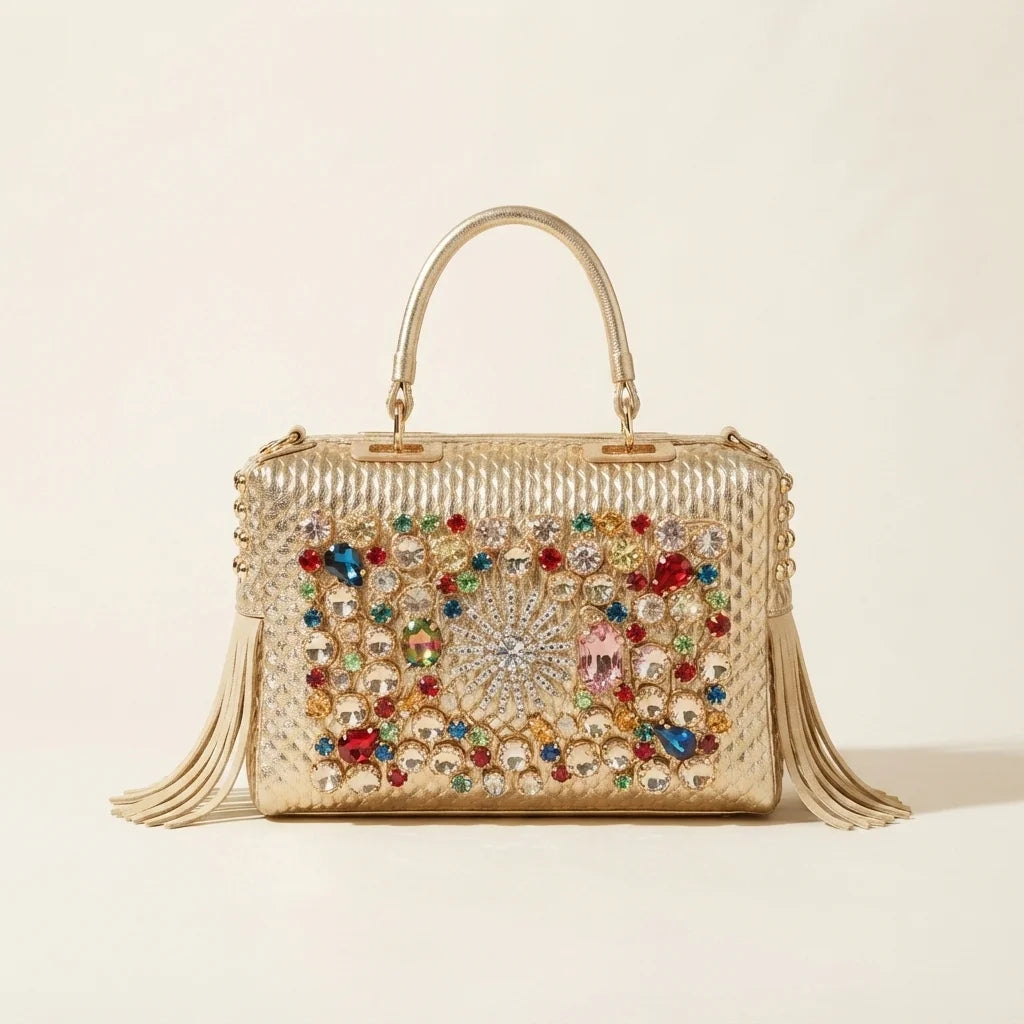 Gold large fringe clutch bag, front view