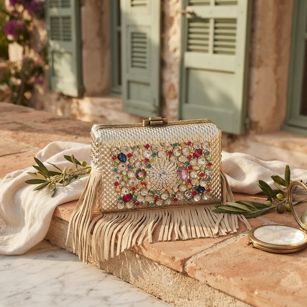 Gold large fringe clutch bag styled in a warm Mediterranean setting