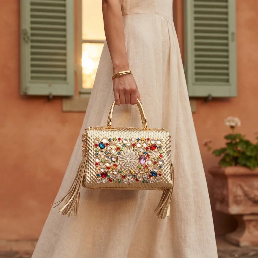 Woman wearing Gold large fringe clutch bag with swaying fringe