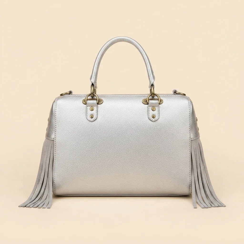 Back panel of Silver large fringe clutch bag with strap attachments