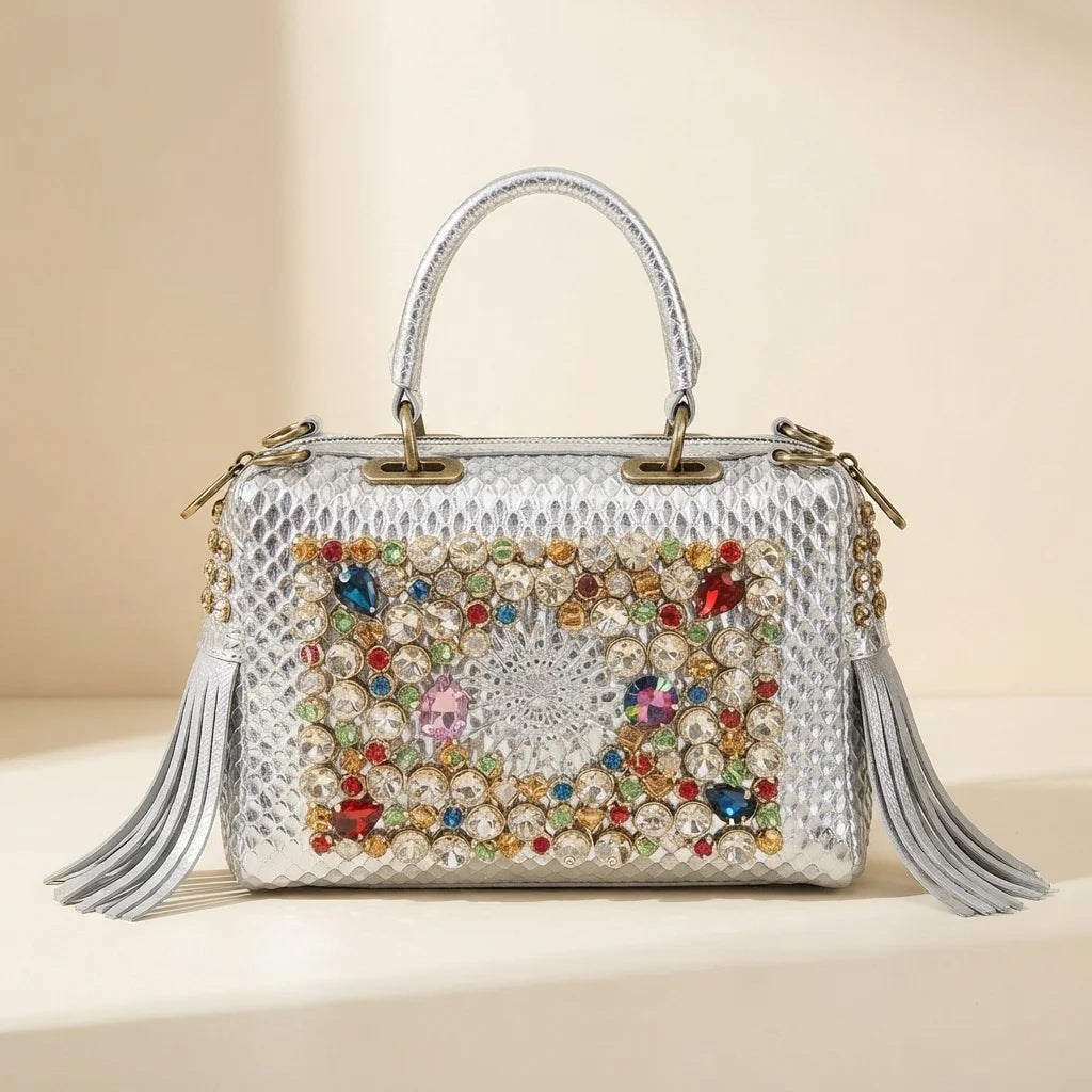 Silver large fringe clutch bag, front view