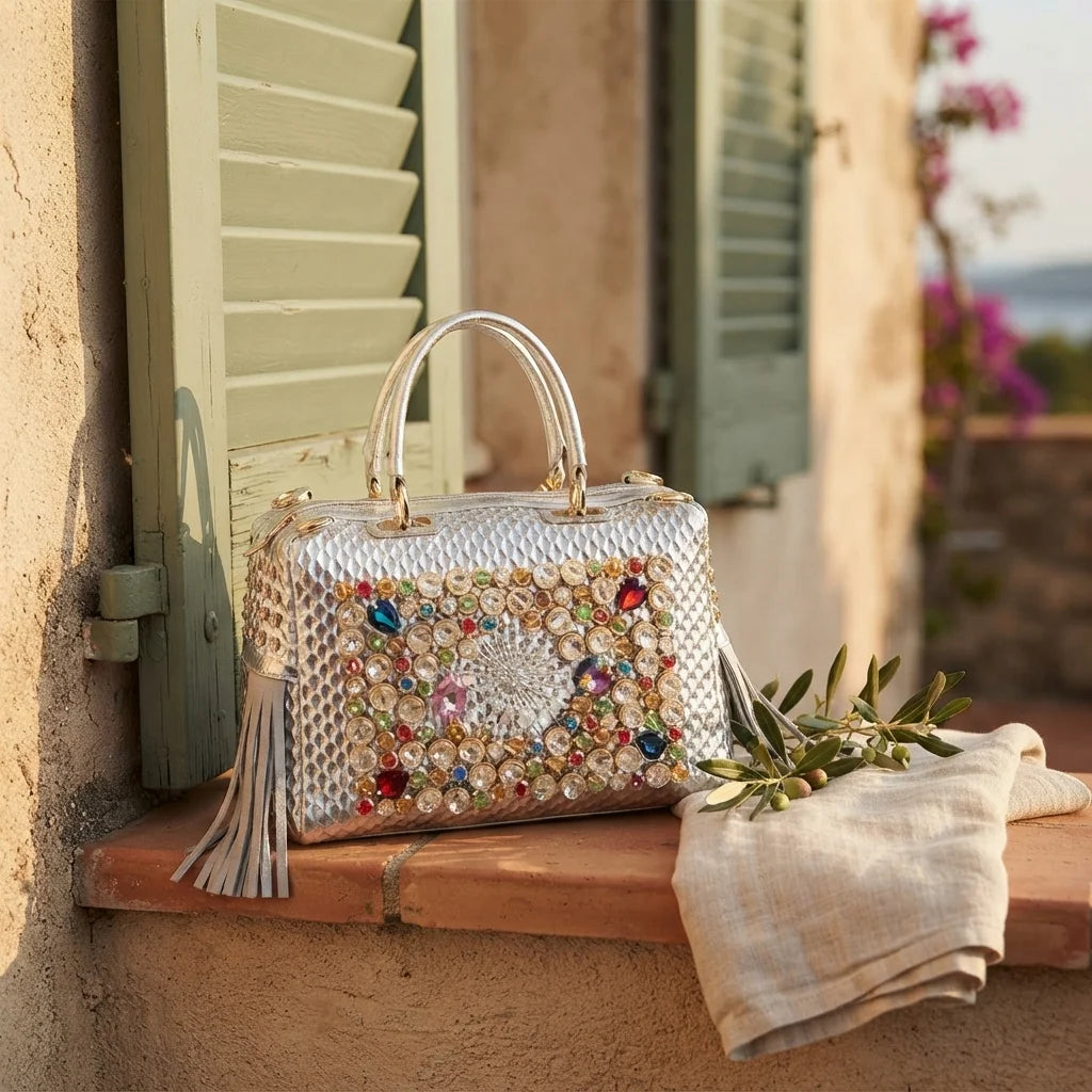 Silver large fringe clutch bag styled in a warm Mediterranean setting
