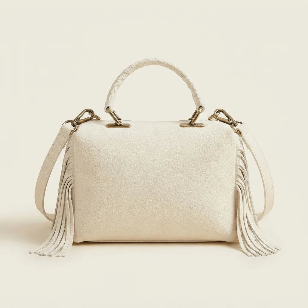 Back panel of White large fringe clutch bag with strap attachments