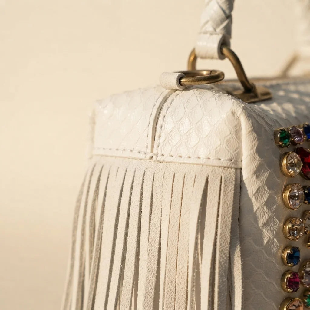 Close-up of fringe stitching and texture on White large fringe clutch bag