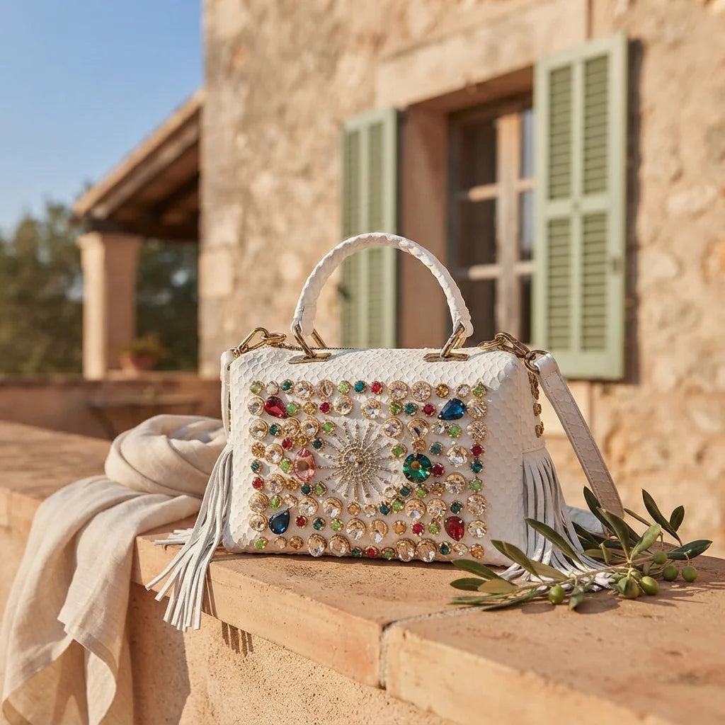 White large fringe clutch bag styled in a warm Mediterranean setting