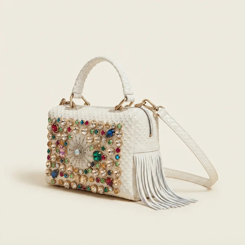 White large fringe clutch bag, three-quarter angle showing side depth