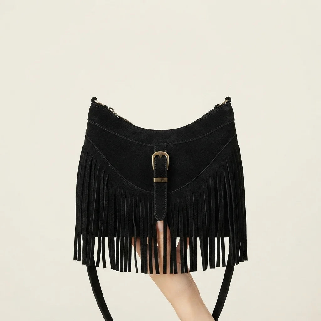 Black large fringe crossbody bag, front view