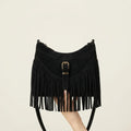 Black large fringe crossbody bag, front view