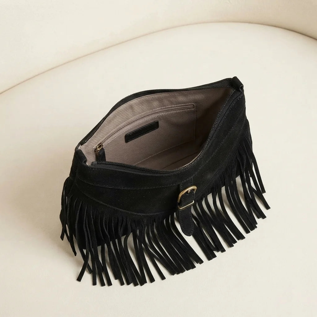 Interior lining and pockets of Black large fringe crossbody bag
