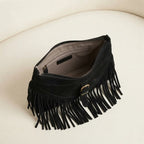 Interior lining and pockets of Black large fringe crossbody bag