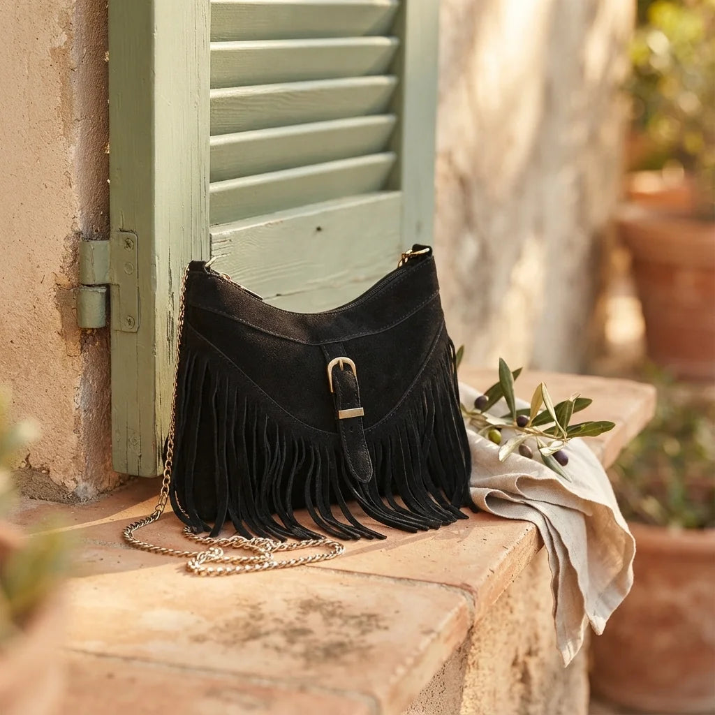 Black large fringe crossbody bag styled in a warm Mediterranean setting