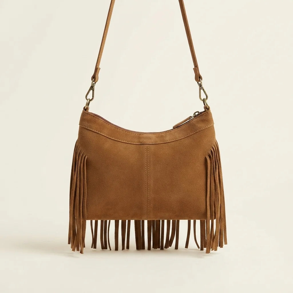 Back panel of Coffee large fringe crossbody bag with strap attachments